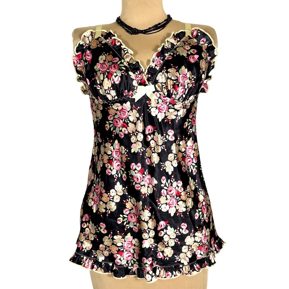 Vintage Y2K Cinema Etoile‎ Babydoll Top Floral Ruffle Trim Lingerie Cami Small